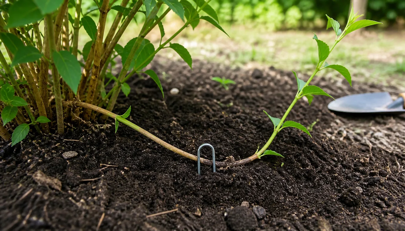 Flexible forsythia cane pinned to garden soil while its leafy tip remains upright and attached to the parent shrub