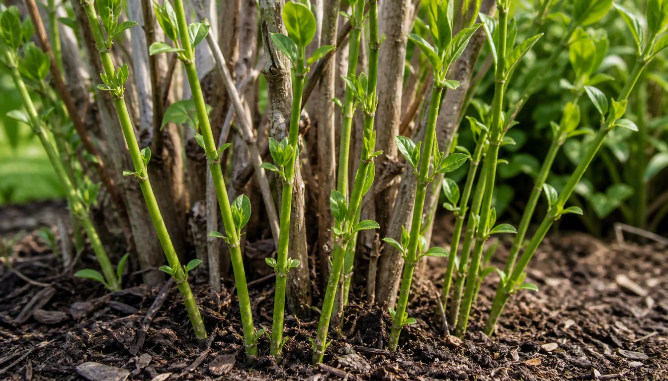 Smooth green replacement canes rising from the crown among older gray forsythia stems in early summer
