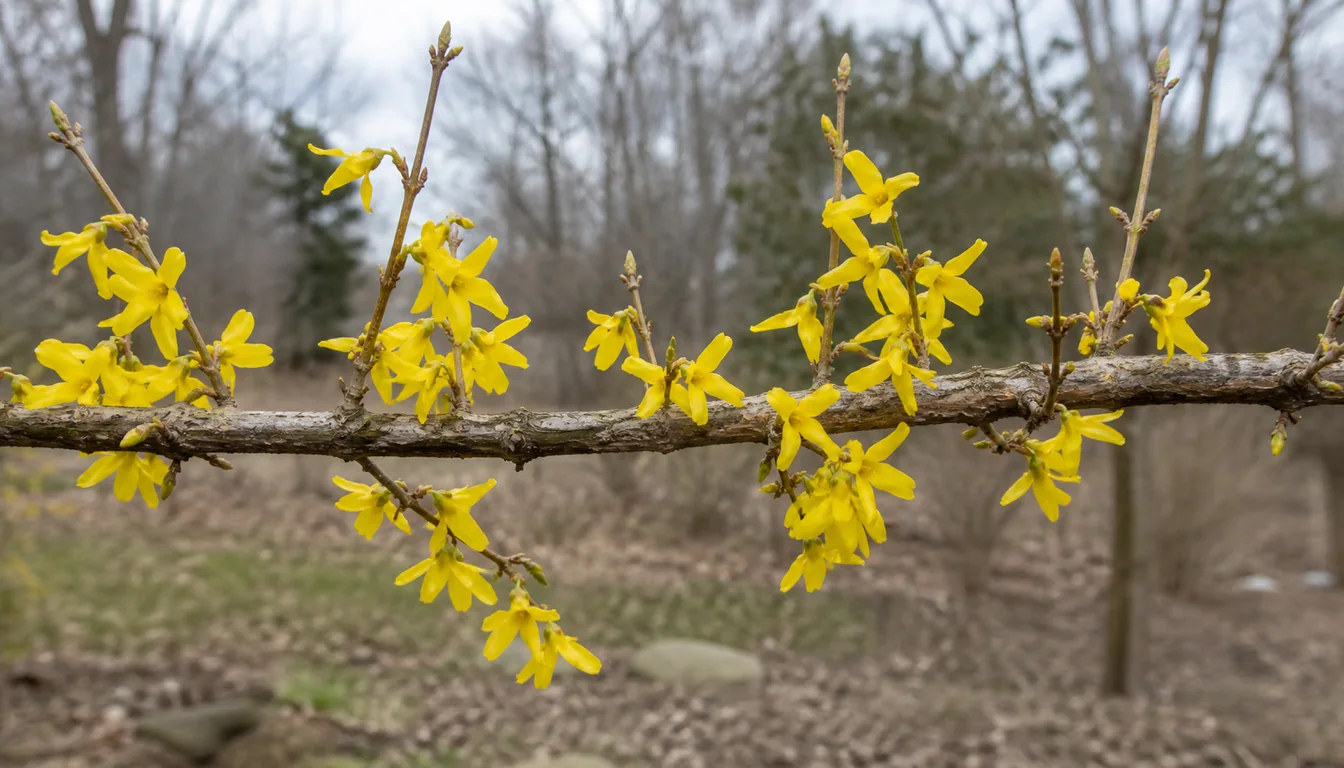 Older gray-brown forsythia cane carrying yellow spring flowers along short side shoots