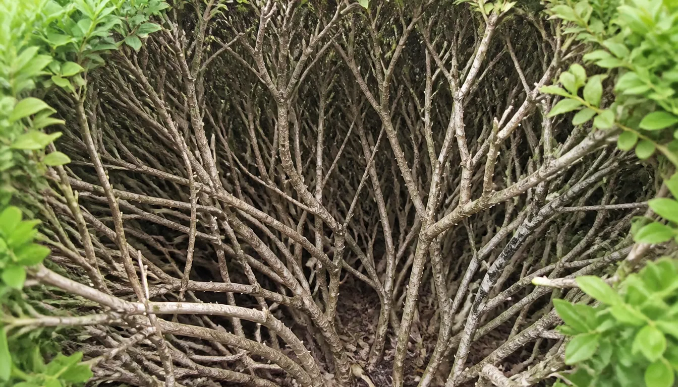 Cross-section view of a sheared forsythia shrub showing a thin green outer shell over bare interior wood