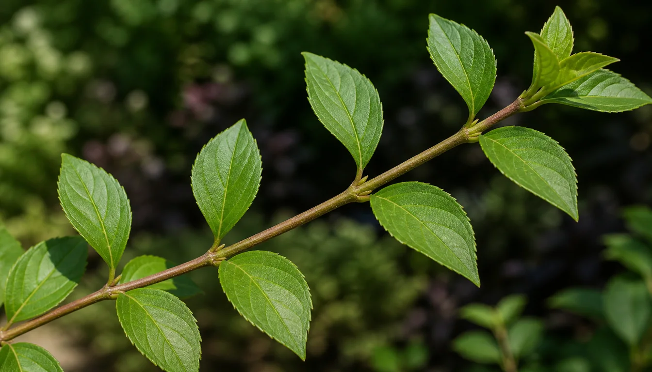 Forsythia summer cane with pairs of pointed green leaves arranged opposite each other at the stem nodes