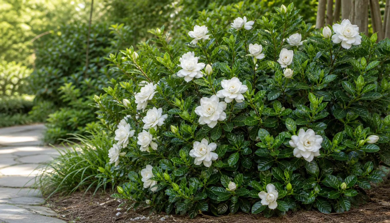 Gardenia shrub with glossy evergreen leaves and creamy white fragrant flowers