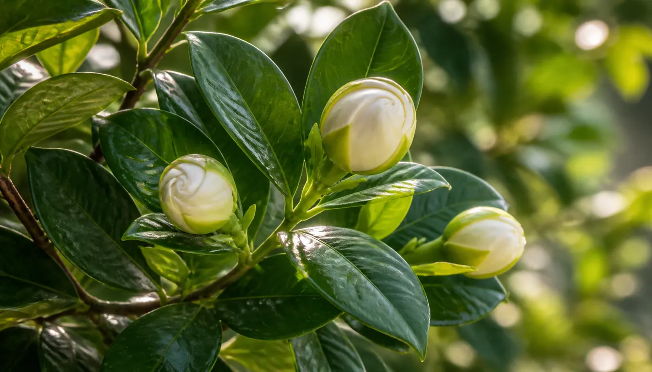 Close view of gardenia flower buds and glossy green leaves on a compact shrub