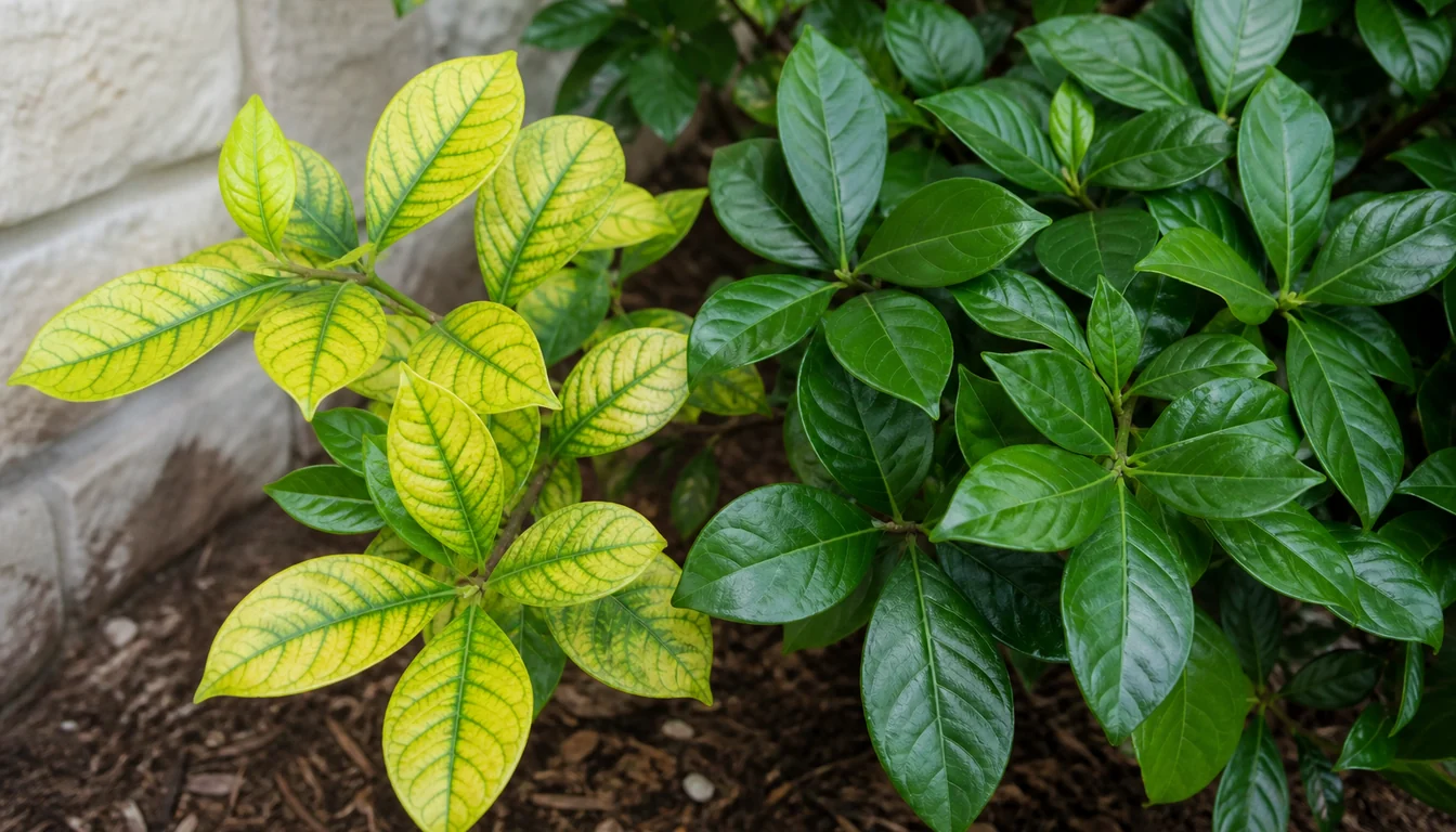 Gardenia branch with yellow tissue between green leaf veins beside healthy deep green glossy leaves on the same shrub