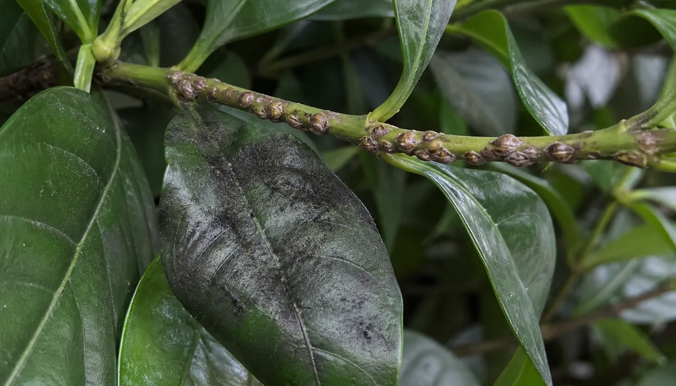 Gardenia leaves and stem with scale insects and black sooty mold coating
