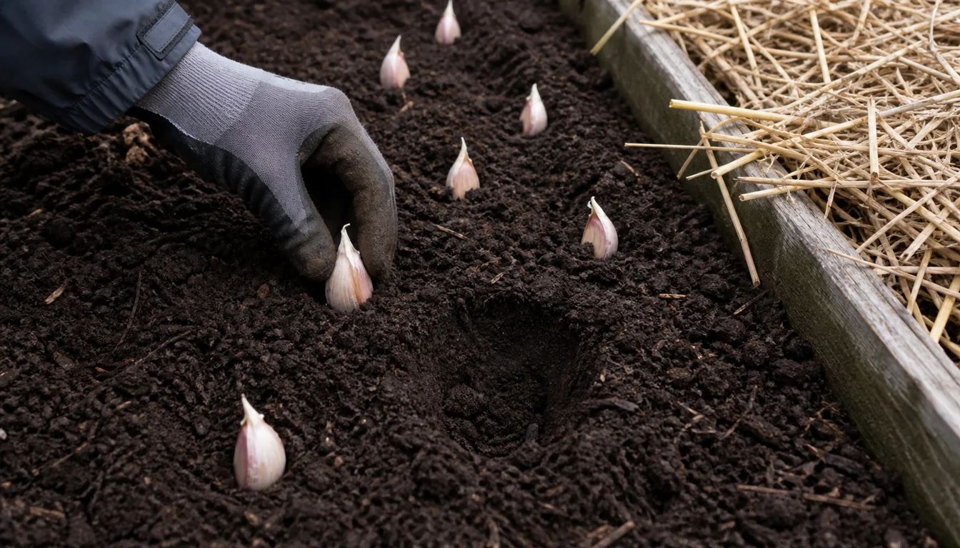 Gloved hand setting individual garlic cloves point-up in evenly spaced holes in a fall garden bed