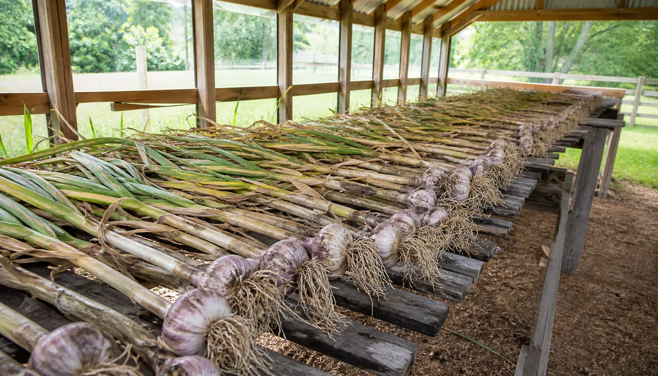 Whole garlic plants spaced in a single layer on an airy rack in an open-sided shed