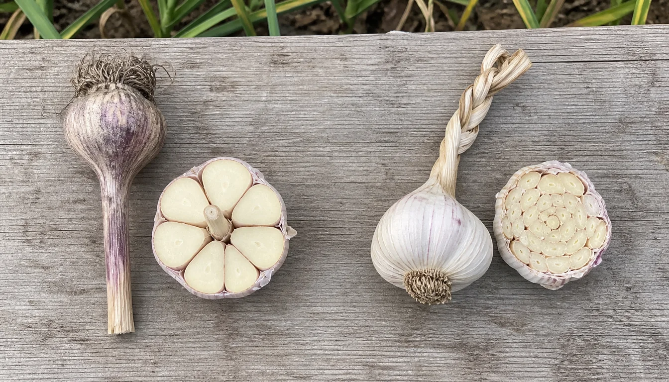 Hardneck and softneck garlic bulbs cut open to show clove rings and central stalk