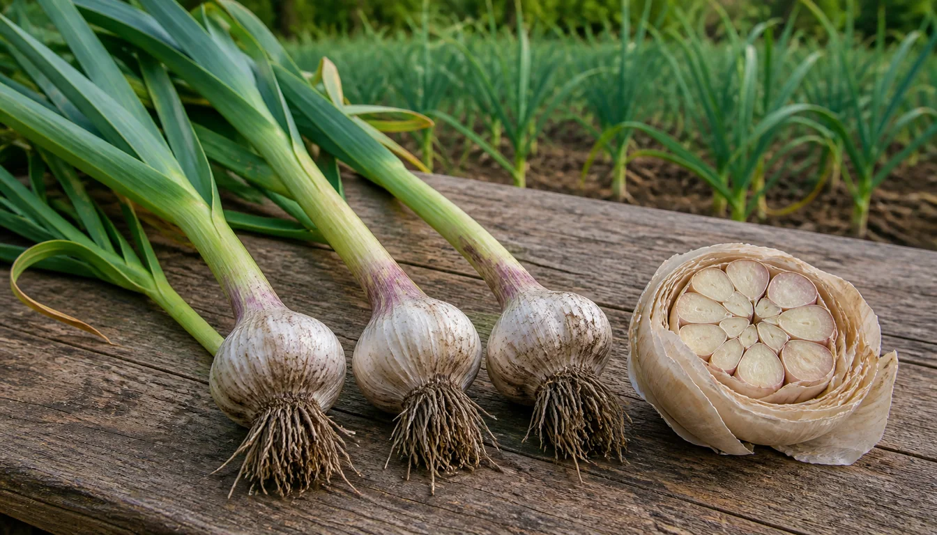 Green garlic leaf fans paired with a cut bulb showing intact papery wrappers