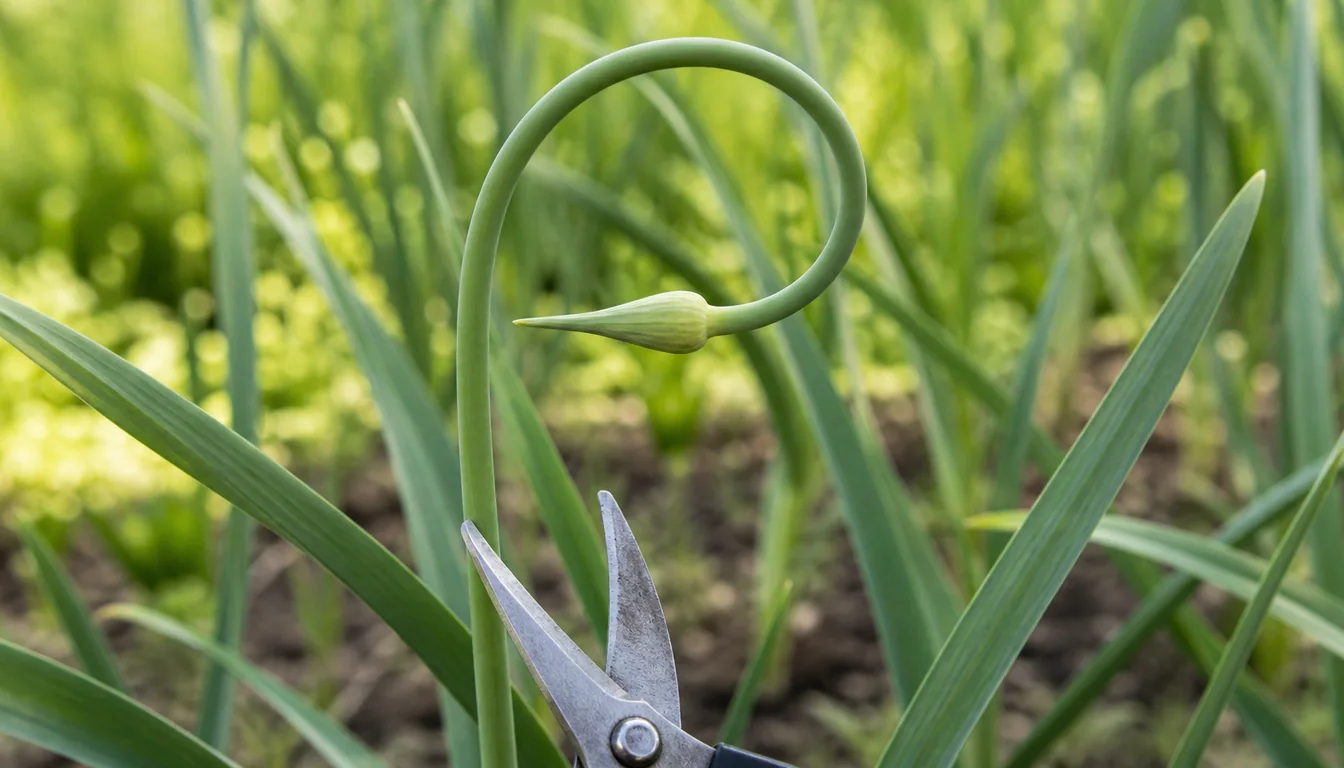 Hardneck garlic scape at one curl beside hand pruners in an active row