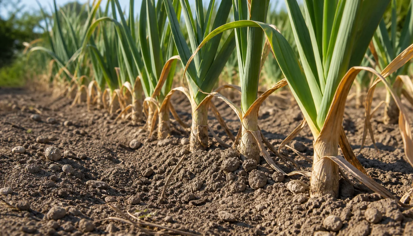 Garlic row with lower leaves brown, upper leaves green, and a dry soil surface
