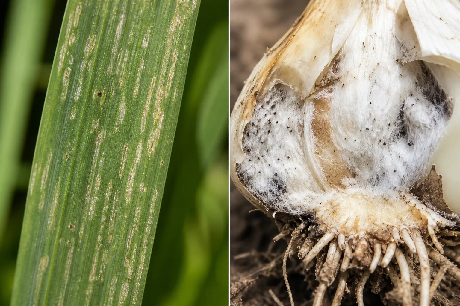 Comparison of silvery thrips stippling on a garlic leaf versus fluffy white rot fungal growth at a bulb base