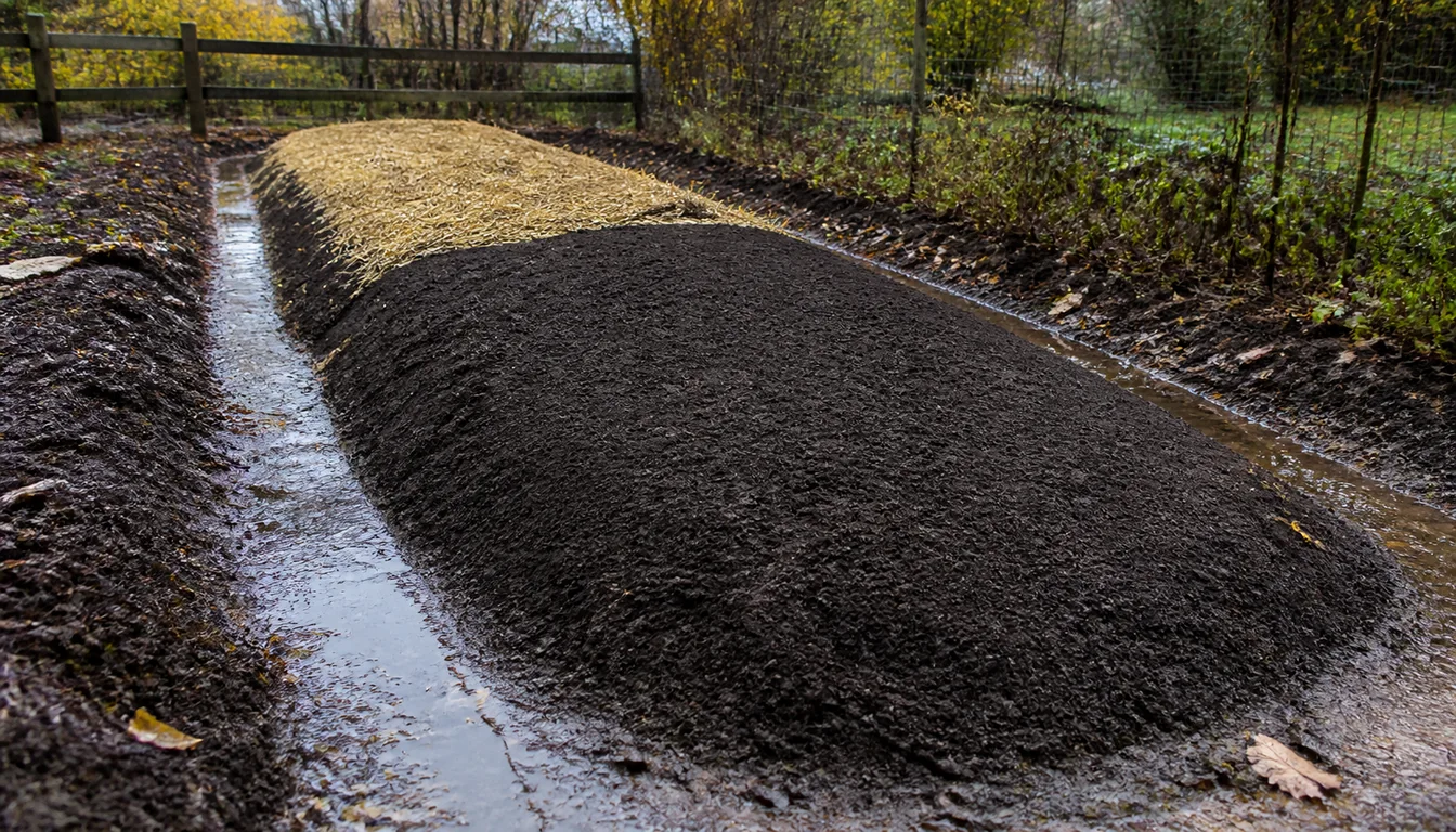 Fall garlic row on a low soil mound with straw edge and a clear drainage path