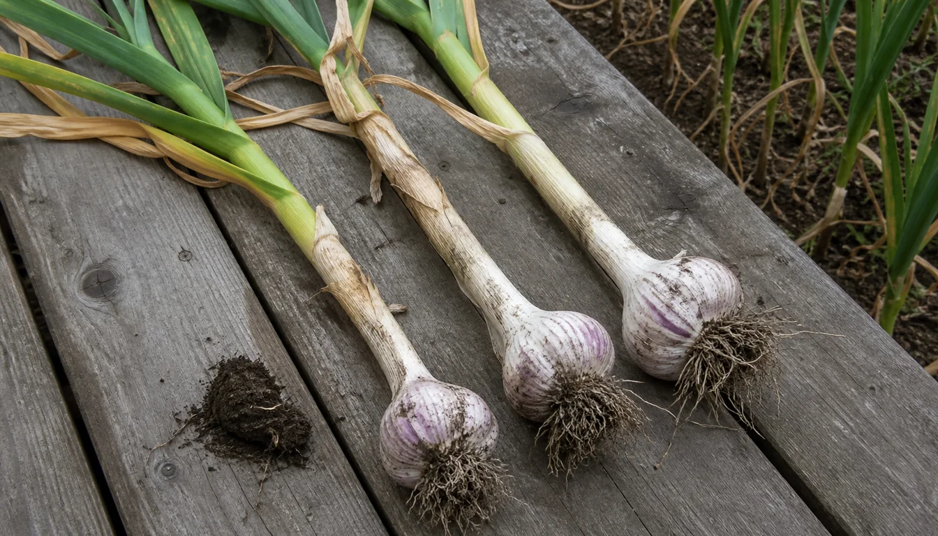 Fresh garlic bulbs with intact wrappers, roots, and partly green necks on a shaded bench