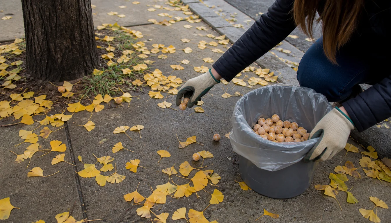 Gloved hands gathering fallen apricot-colored ginkgo seeds from a sidewalk into a lined bucket among yellow leaves