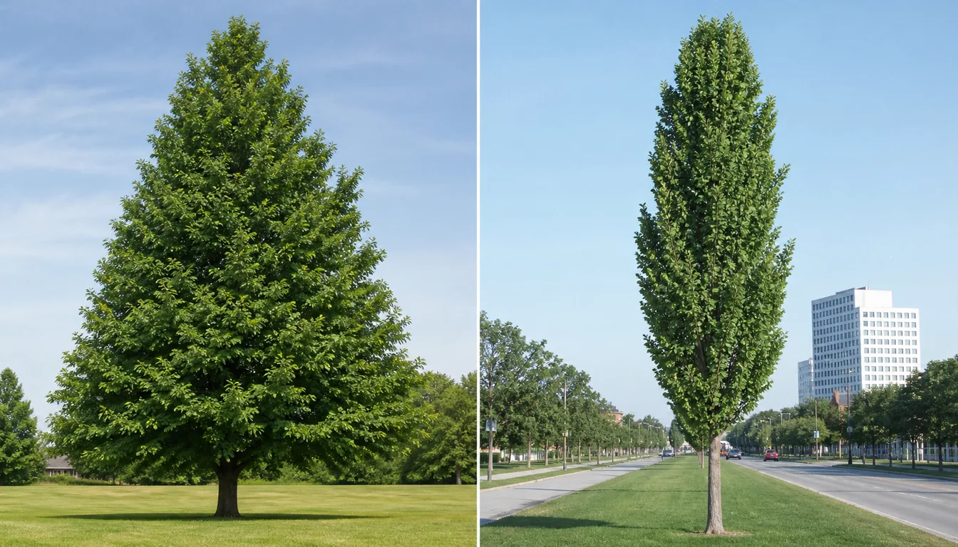 Broad mature ginkgo and narrow columnar ginkgo shown at comparable height in an open lawn and a narrow urban site