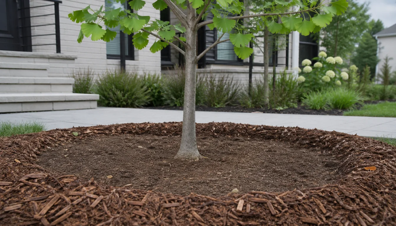 Young ginkgo planted with the root flare visible at soil level and a wide mulch ring pulled away from the trunk