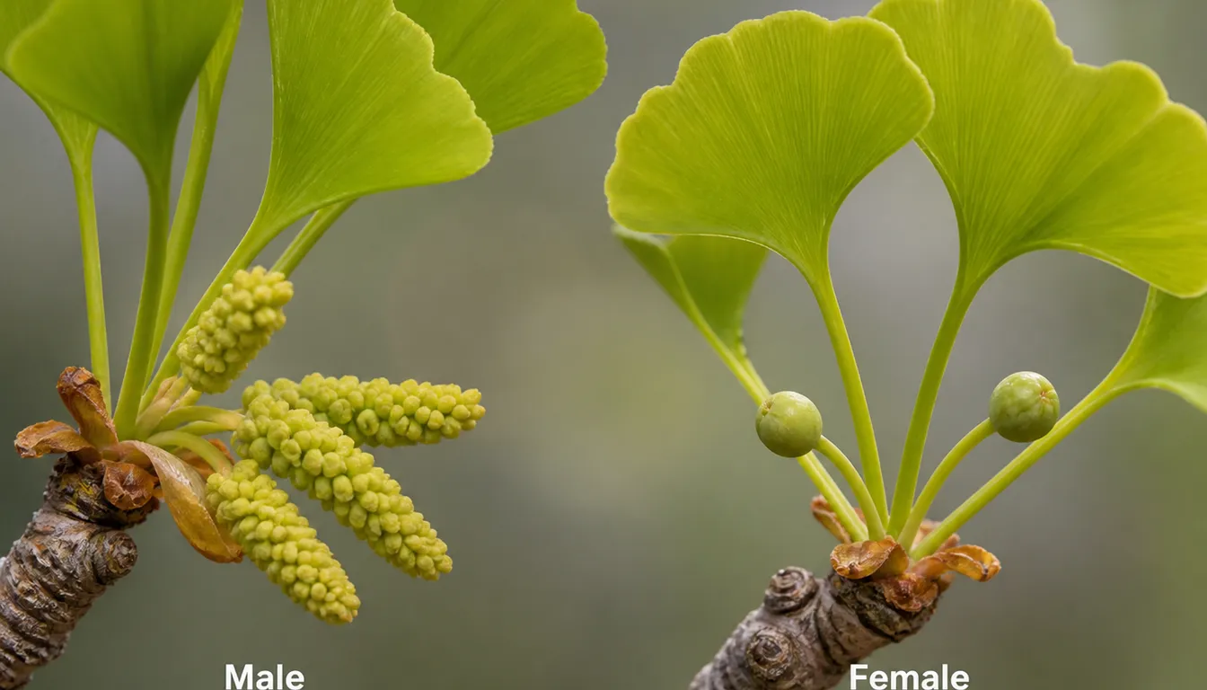 Ginkgo branch tips showing male pollen catkins beside female paired ovules