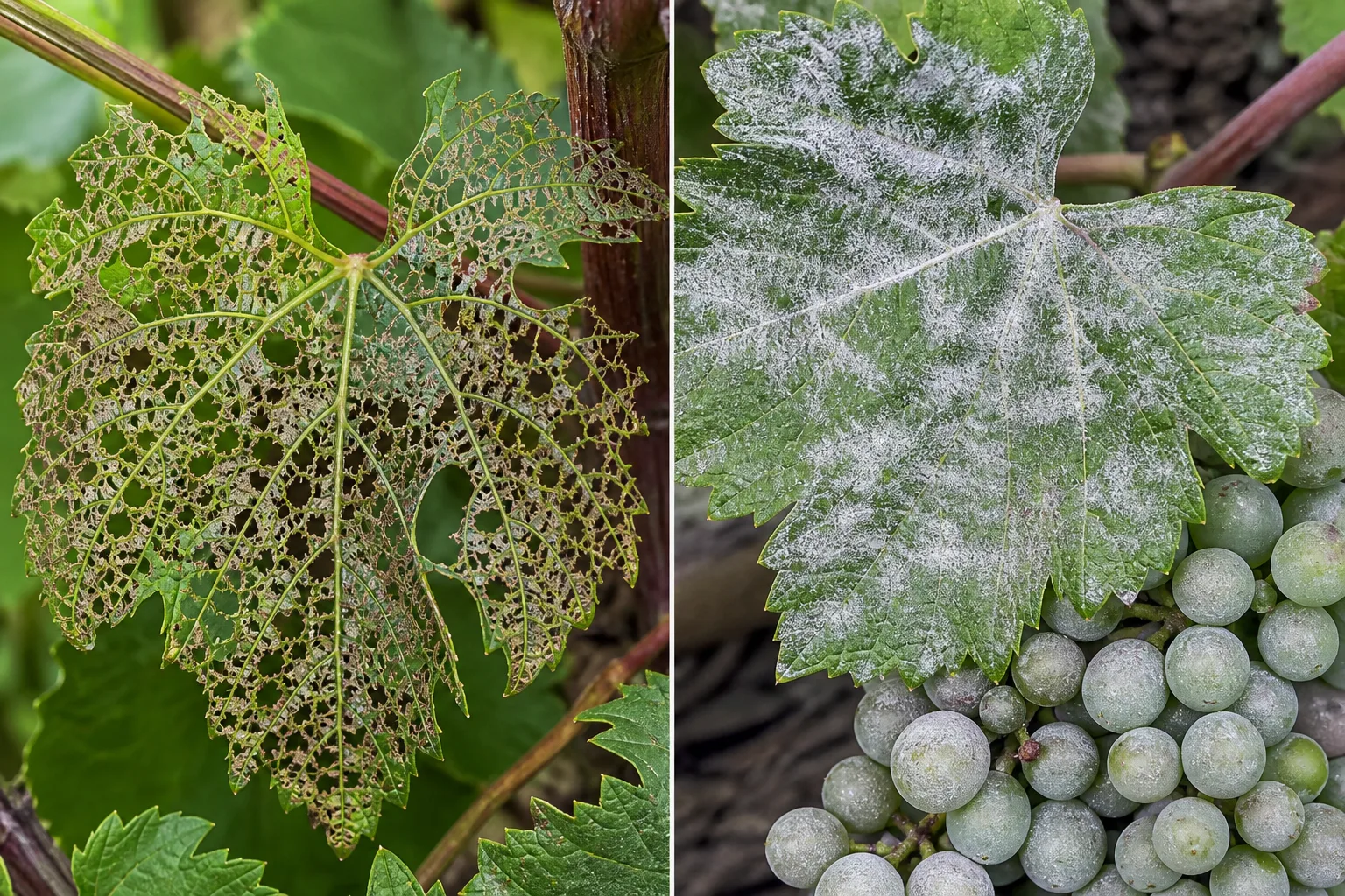 Side-by-side comparison of a grape leaf skeletonized by Japanese beetle feeding beside a grape leaf and cluster covered in white powdery mildew film