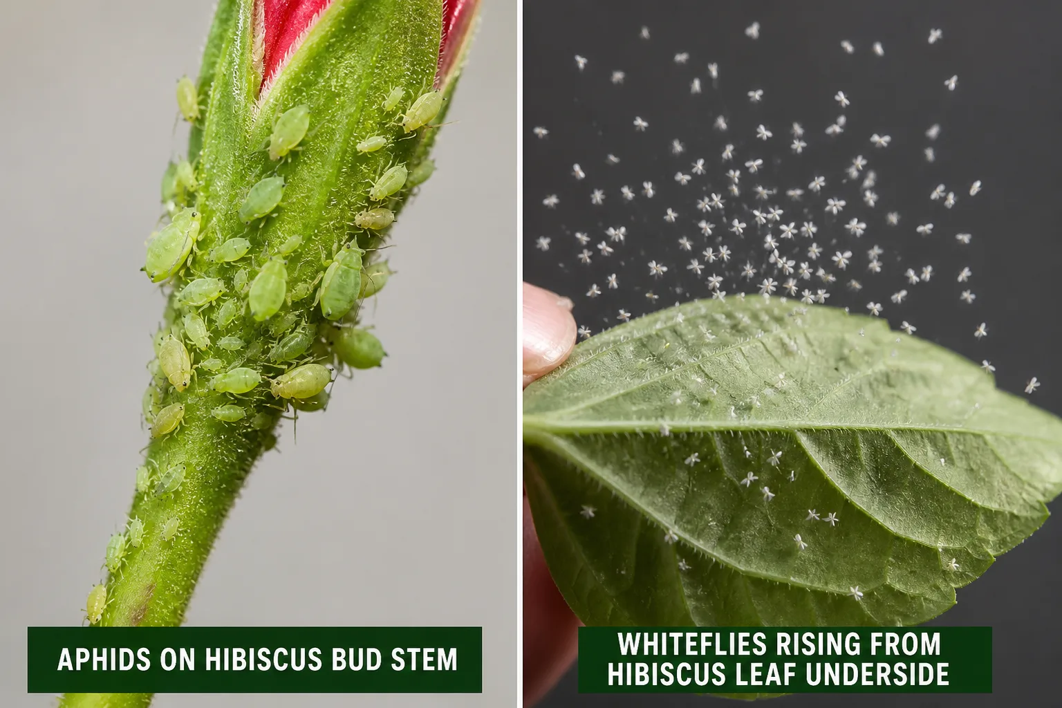 Close comparison of clustered aphids on a hibiscus bud beside a cloud of tiny white whiteflies rising from a hibiscus leaf