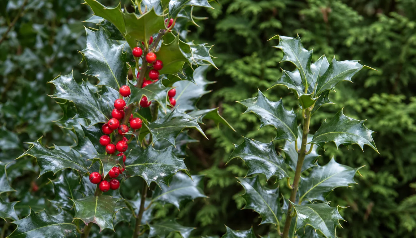 Close holly branches showing red berries beside glossy spiny evergreen leaves