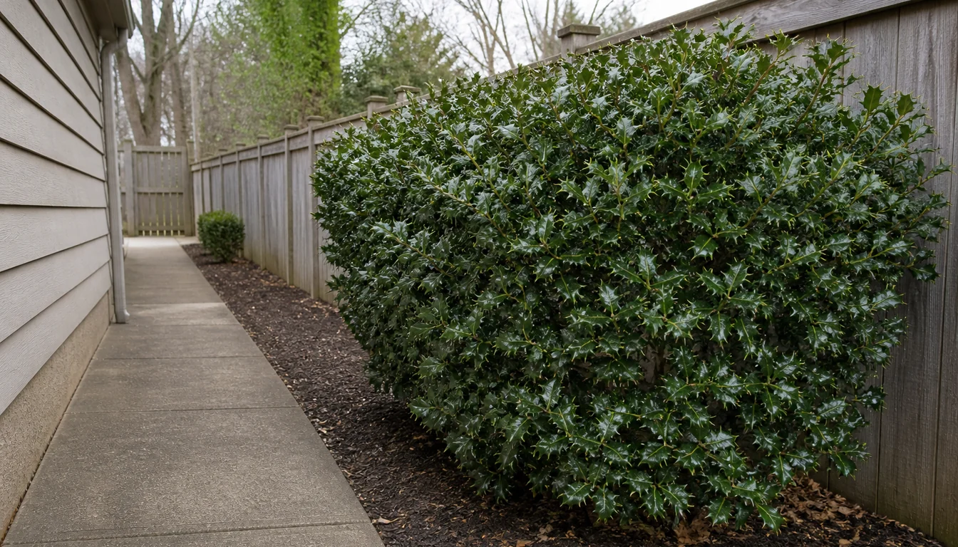 Mature broad evergreen holly set back from a side-yard walkway with a clear walking lane and pruning space behind the shrub