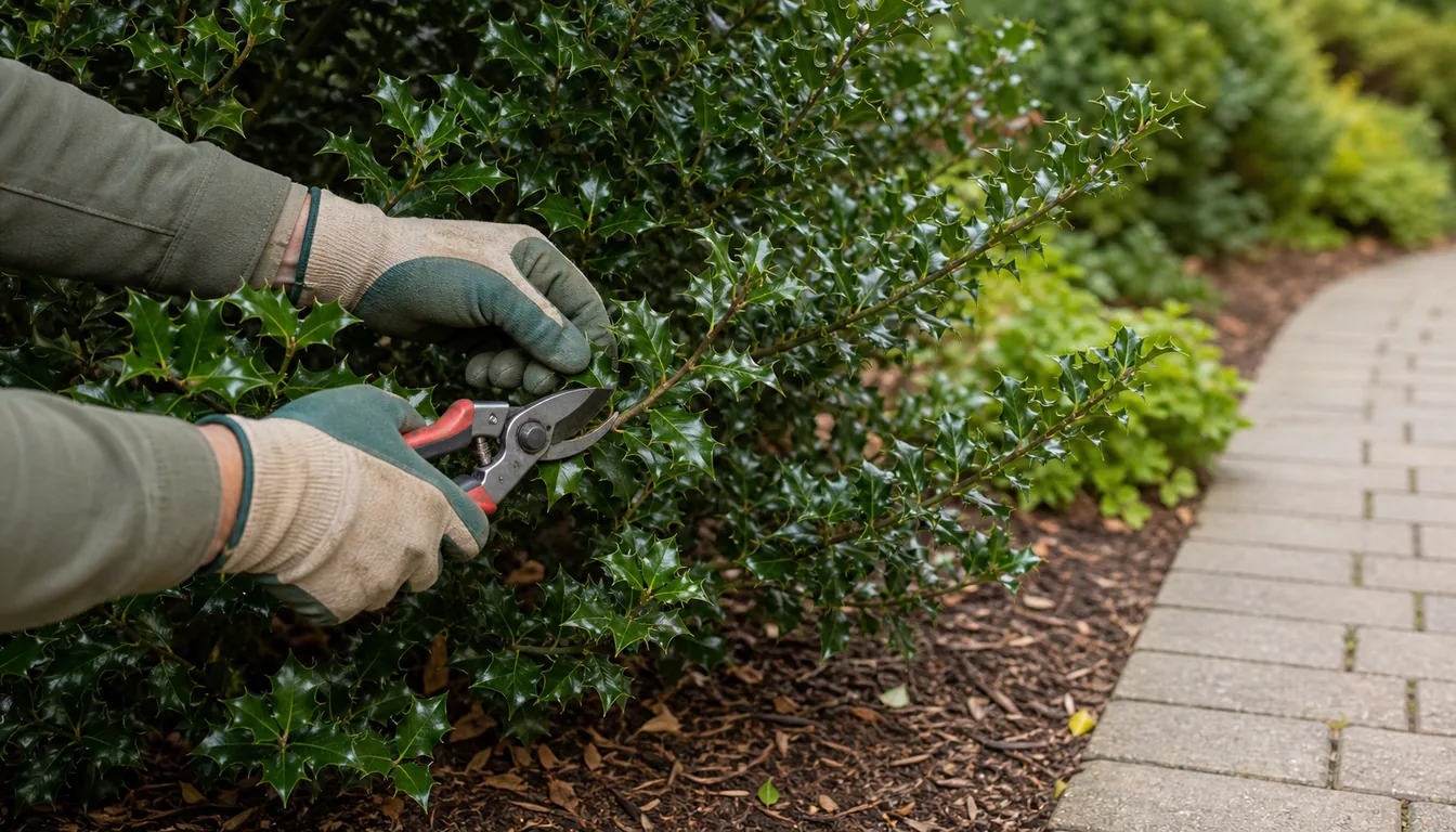 Gloved hands making a light pruning cut on a spiny holly branch beside a garden path
