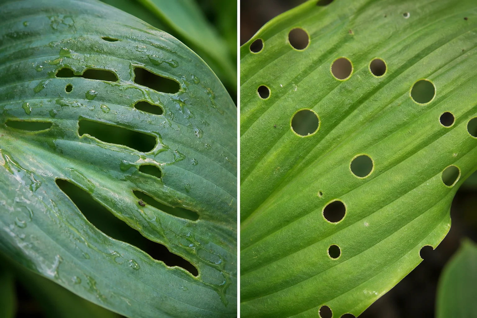 Comparison of irregular slime-trailed slug damage versus clean round caterpillar holes on hosta leaves