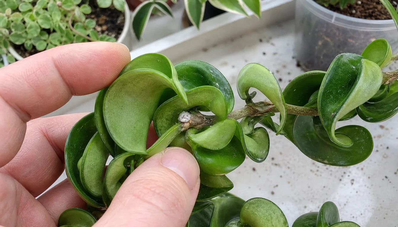 Hoya compacta rope leaves being opened to check a small white mealybug cluster at a node