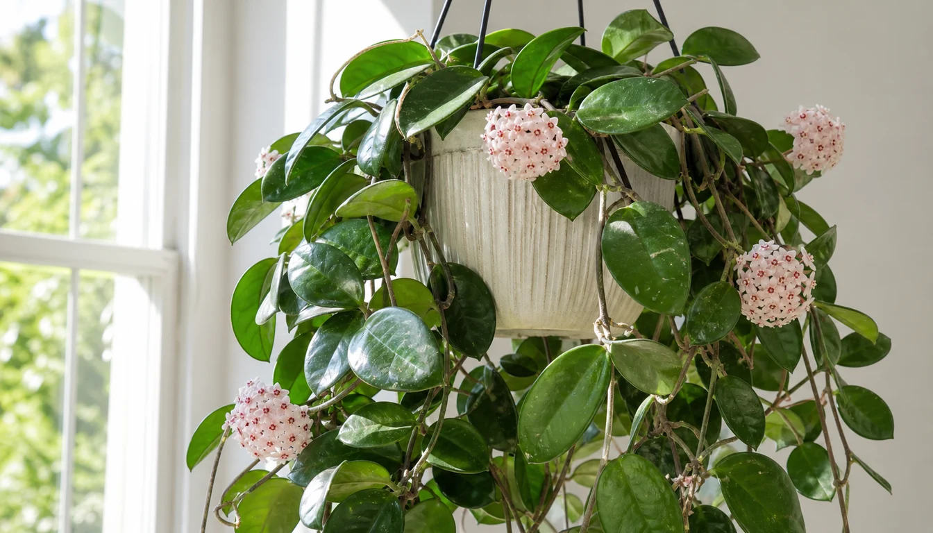 Hoya carnosa vine with waxy green leaves and pale star-shaped flower clusters near a bright window