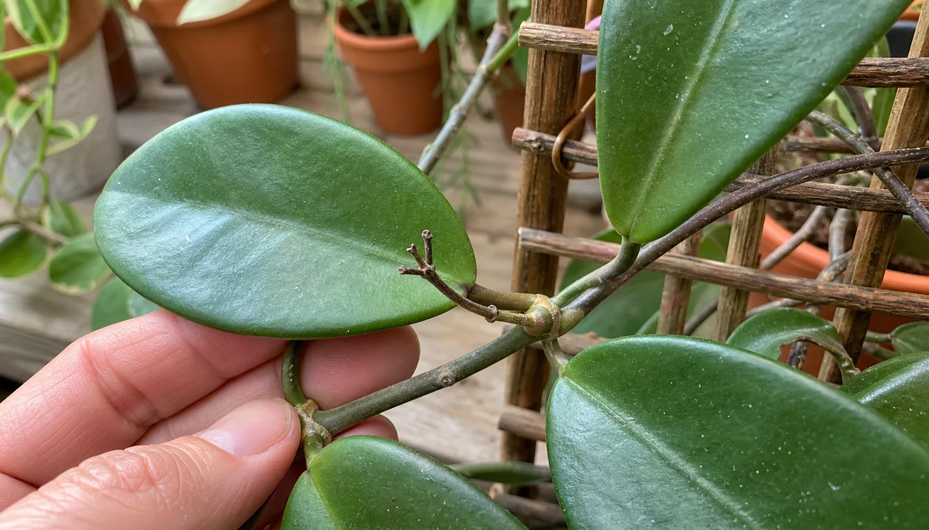 Close view of an old Hoya carnosa bloom spur left on a vine node beside waxy green leaves