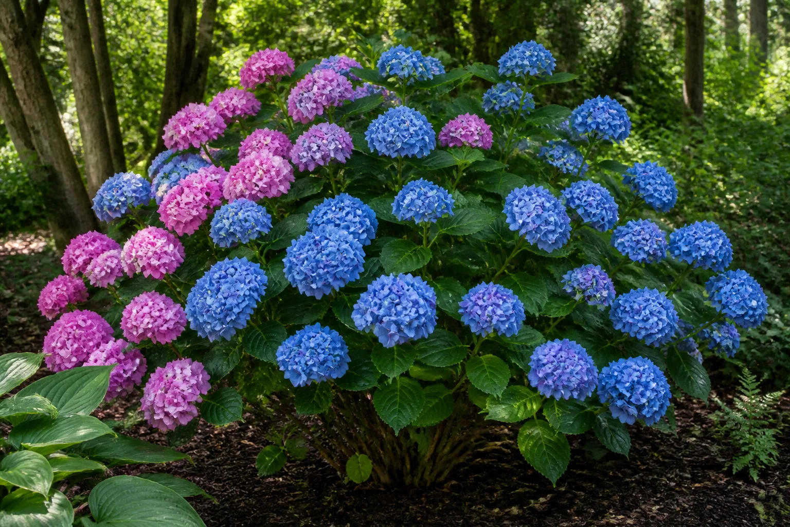 Bigleaf hydrangea shrub covered in large mophead blue and pink blooms in a shaded garden bed