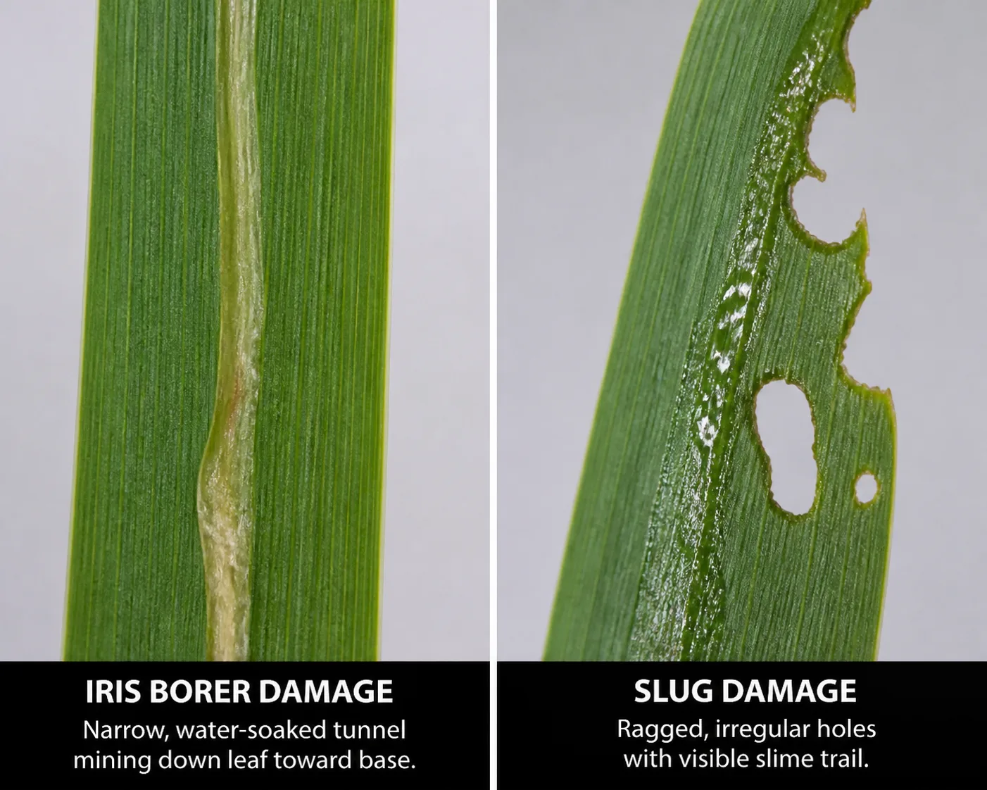 Close comparison of a narrow water-soaked iris borer streak running down a leaf beside ragged slug-chewed holes with a slime trail on an iris leaf