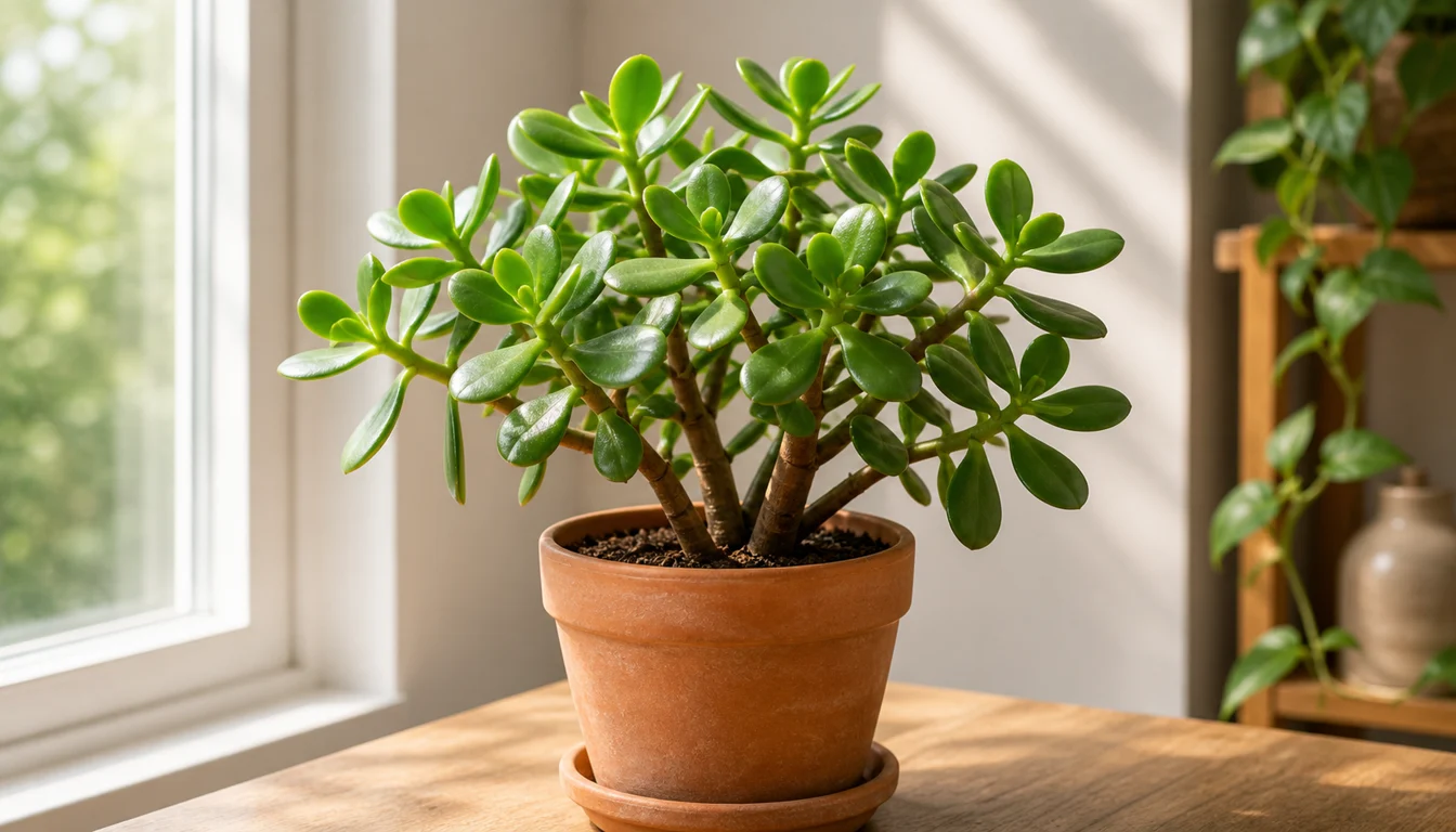 Tree-form Jade Plant with glossy oval leaves and woody stems in a terra cotta pot by a bright window