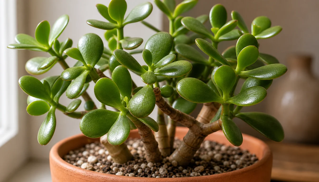 Close-up of Jade Plant woody branching stems, thick oval leaves, and gritty potting mix