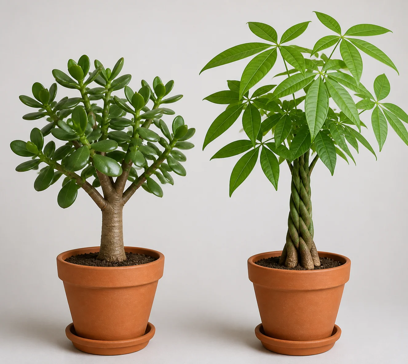 A Jade Plant with thick oval leaves on a stout trunk beside a Money Tree (Pachira aquatica) with compound leaflets on a braided trunk.