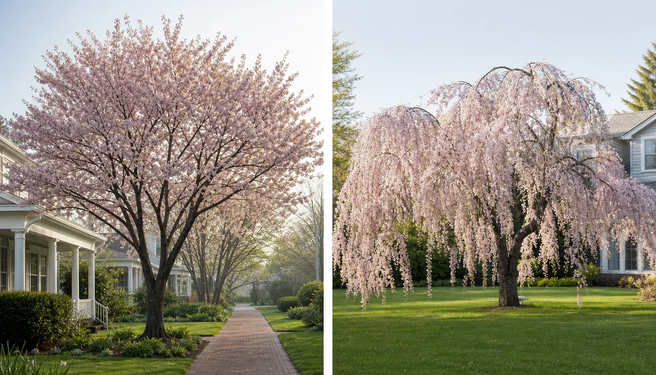 Upright vase-shaped Japanese cherry beside a weeping Japanese cherry in two residential garden settings