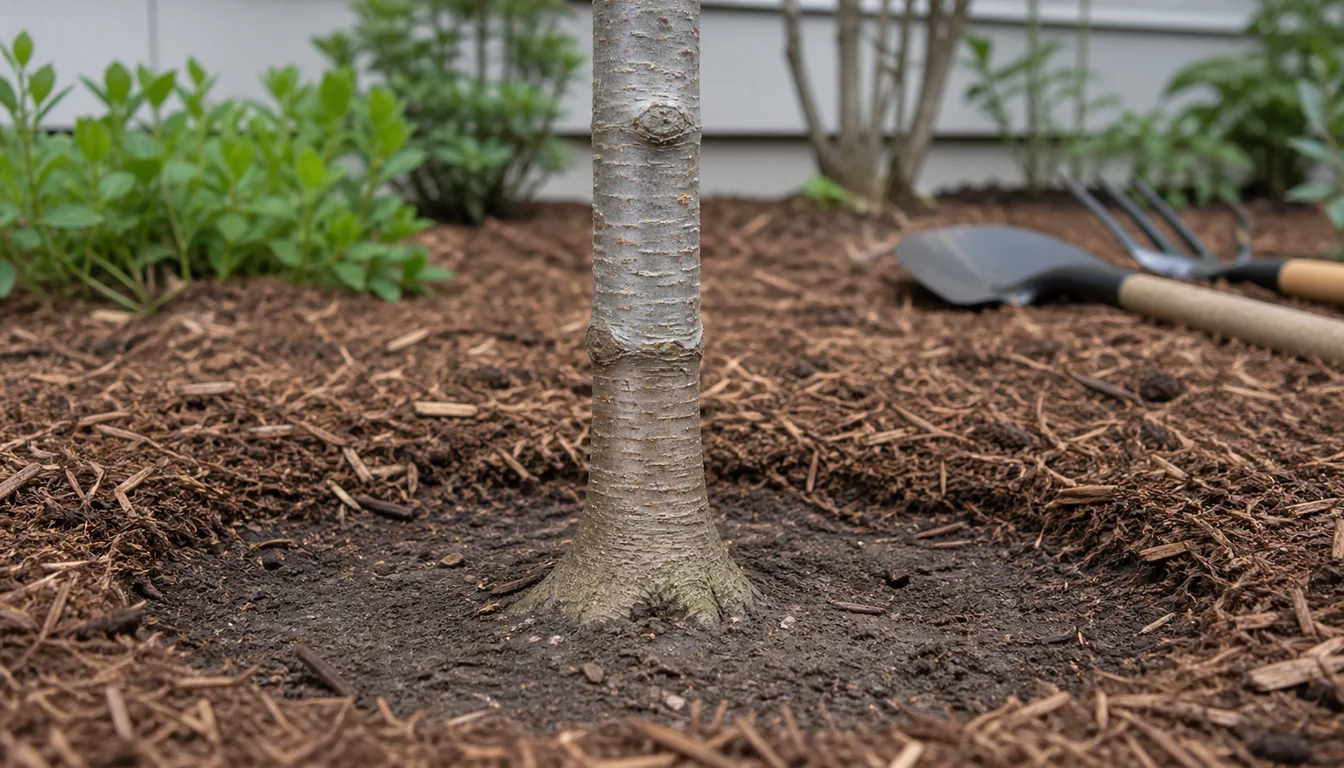 Young grafted Japanese cherry planted with the graft union and root flare visible above a broad mulch ring