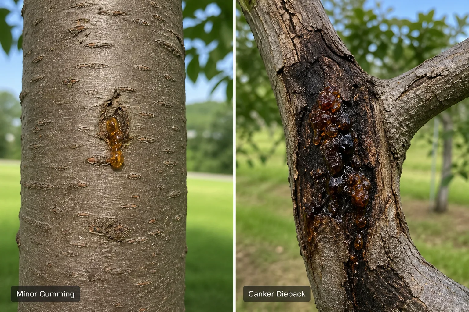 Side-by-side comparison of a small amber sap spot on Japanese cherry bark beside a larger area of sunken, darkened bark with heavy oozing gum and dead wood