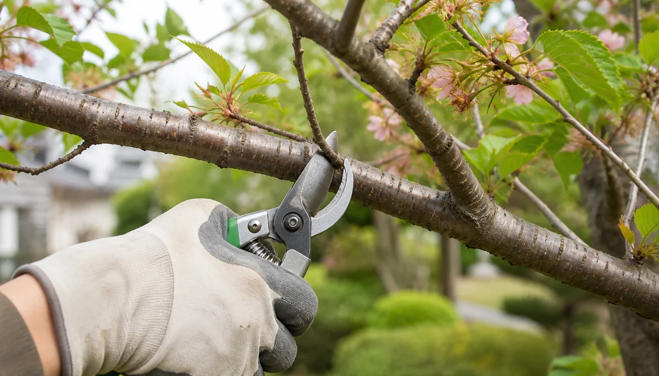 Gloved gardener pruning one crossing branch from a Japanese cherry just after flowering
