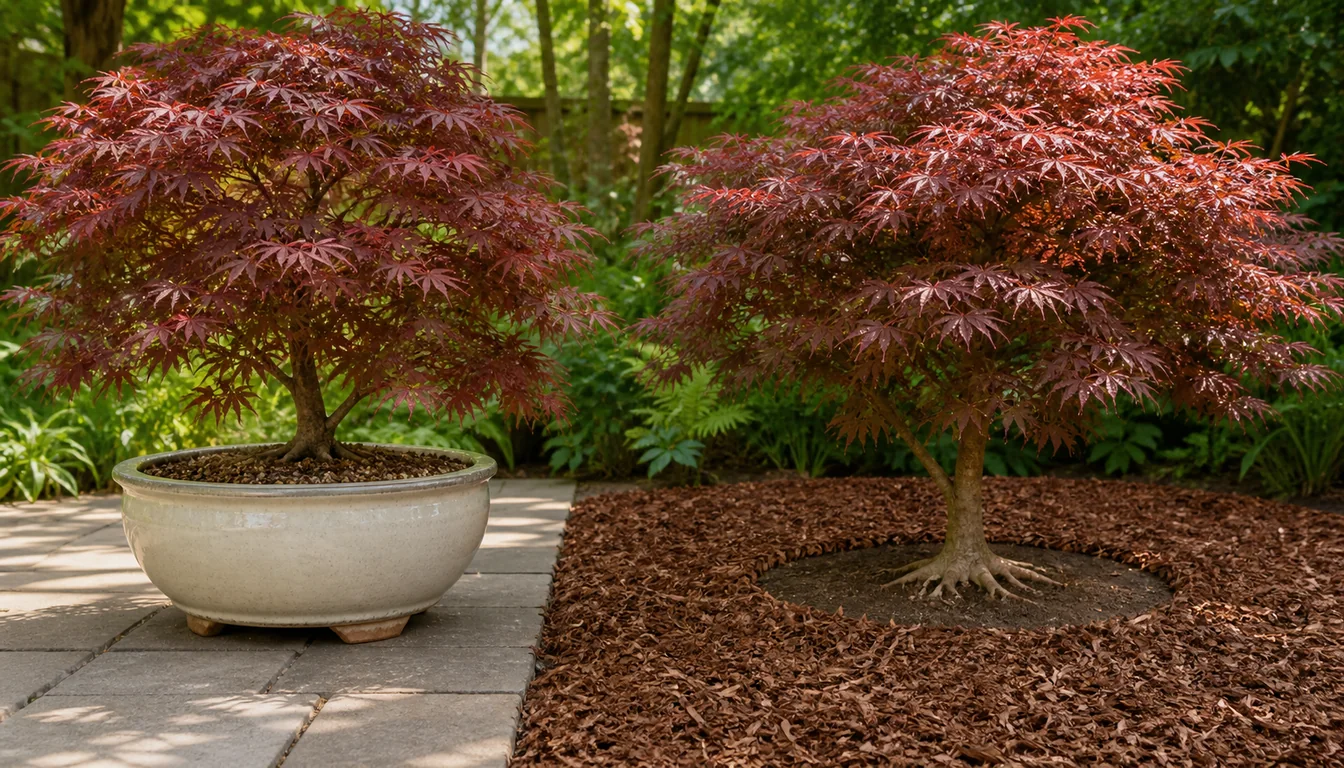 Japanese maple in a shaded insulated container beside a ground-planted Japanese maple with a broad mulch ring