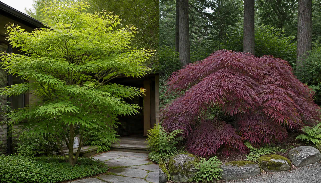 Upright Japanese maple beside a low cascading laceleaf Japanese maple in two close-view garden settings