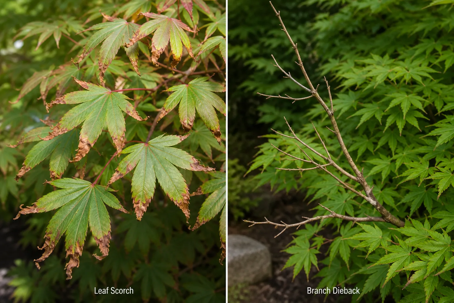 Side-by-side comparison of Japanese maple leaves with crisp brown scorched edges beside a single dead bare branch surrounded by healthy green foliage