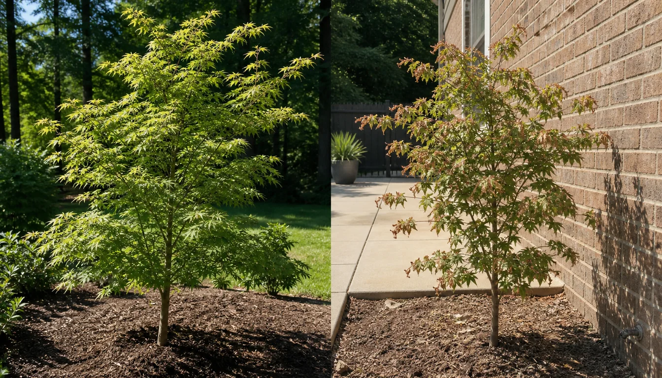 Healthy Japanese maple in morning shade beside a heat-stressed Japanese maple near a west-facing wall