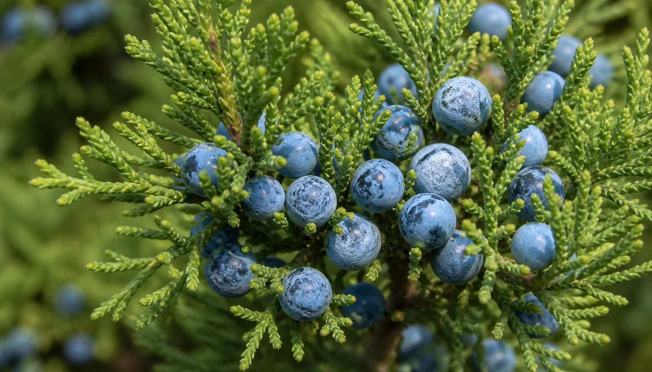 Macro view of a juniper branch tip with fine blue-green scale-like foliage and a cluster of round powder-blue berry-like cones dusted with waxy bloom