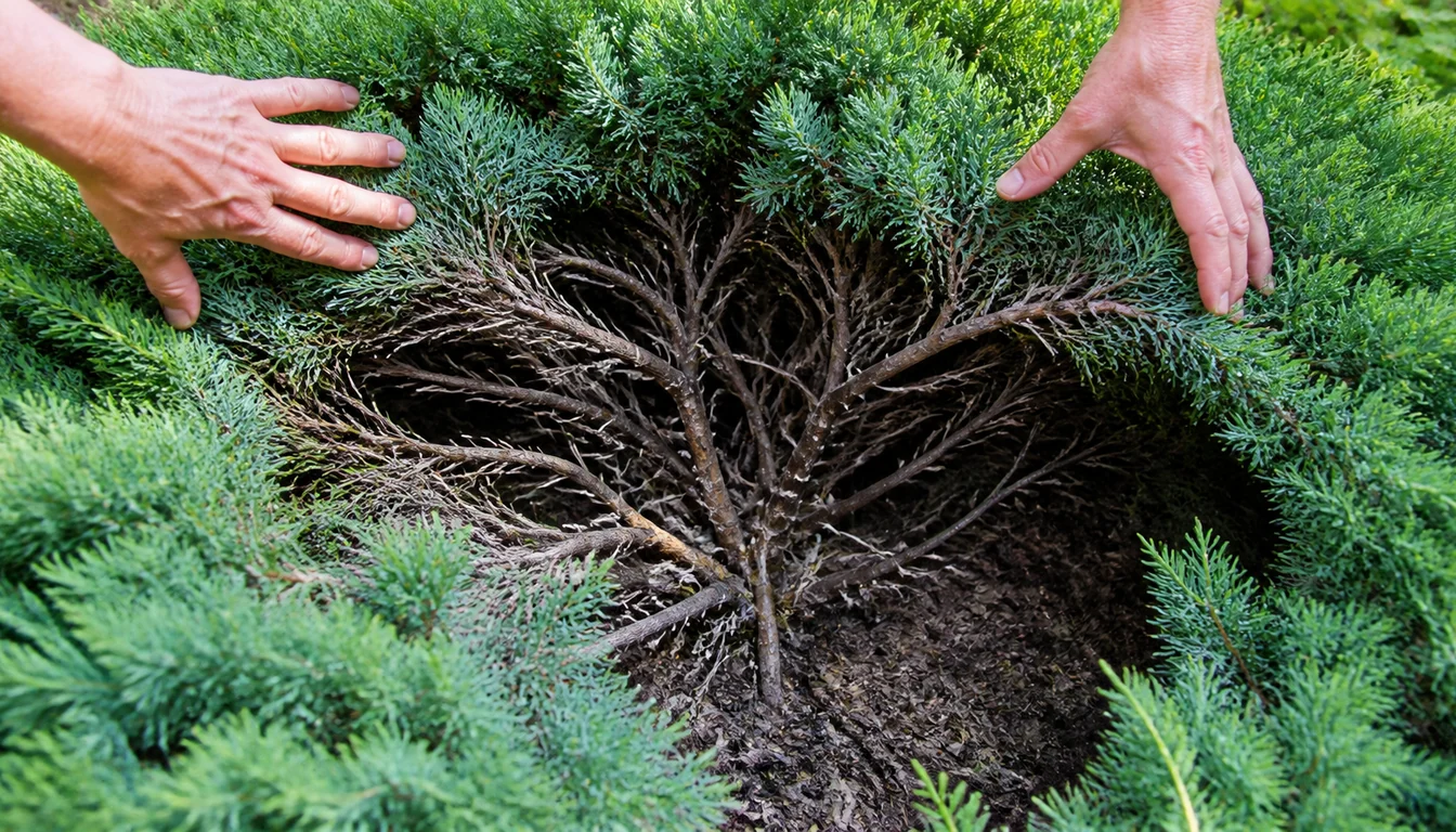 A spreading juniper held open by hand to reveal a thin green outer shell of foliage over a hollow interior of bare gray dead twigs