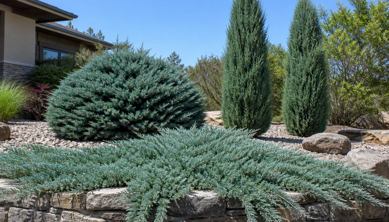 Sunny gravel-mulched landscape bed planted with junipers in three habits, a silvery blue creeping form spilling over stone at the front, a rounded blue mound behind it, and two narrow columnar forms standing at the back
