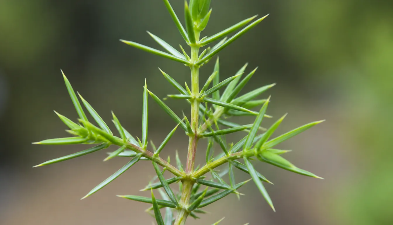 Sharp needle-like juvenile juniper foliage standing out from a young green shoot in whorls of three