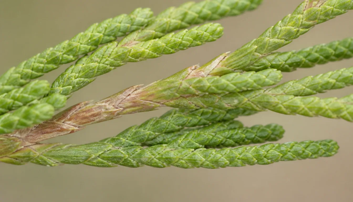 Fine scale-like mature juniper foliage pressed flat along the twig in rope-like sprays
