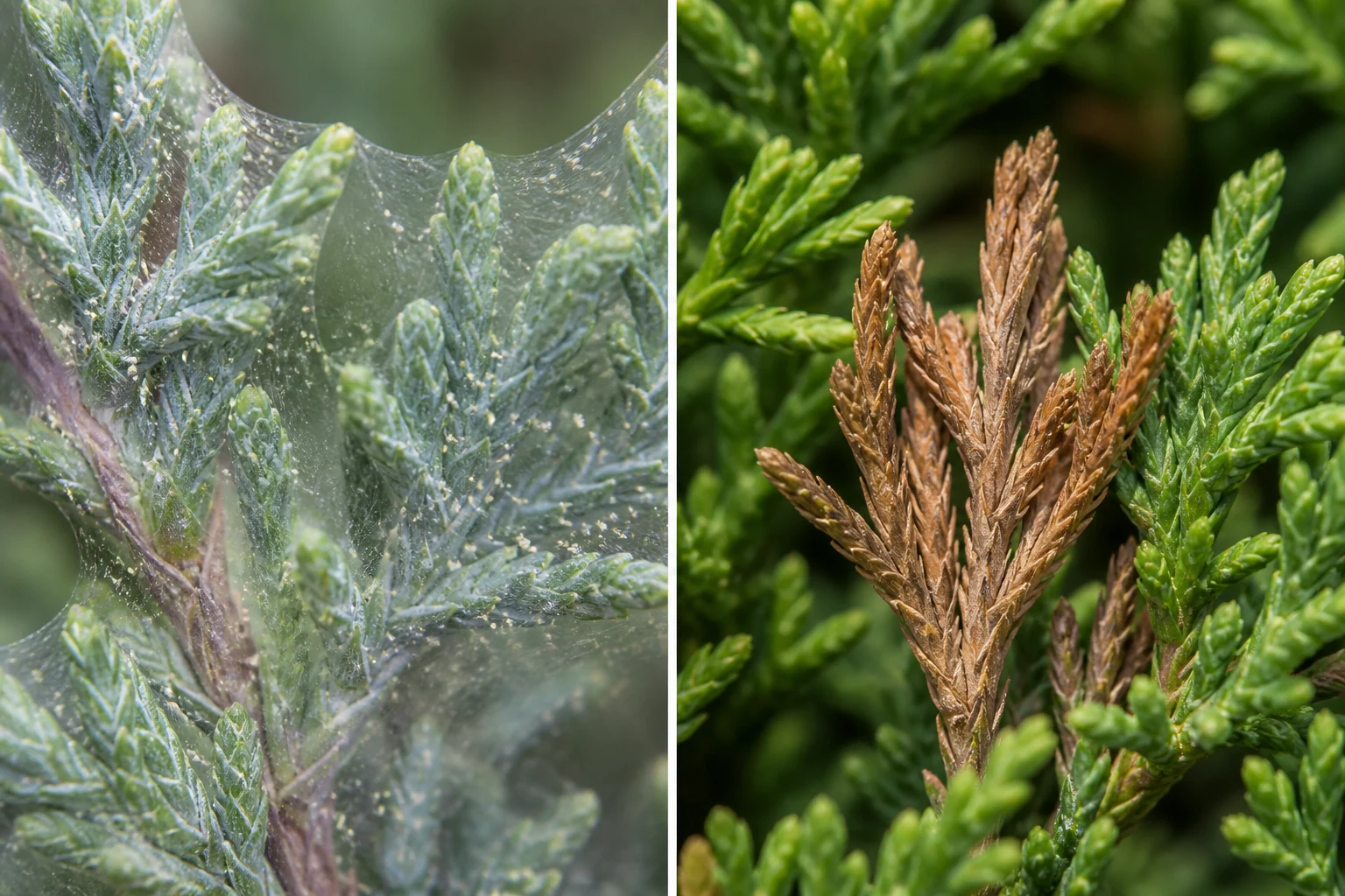 Close comparison of fine spider mite webbing and dusty stippling on juniper foliage beside a cleanly dead brown branch tip from fungal tip blight